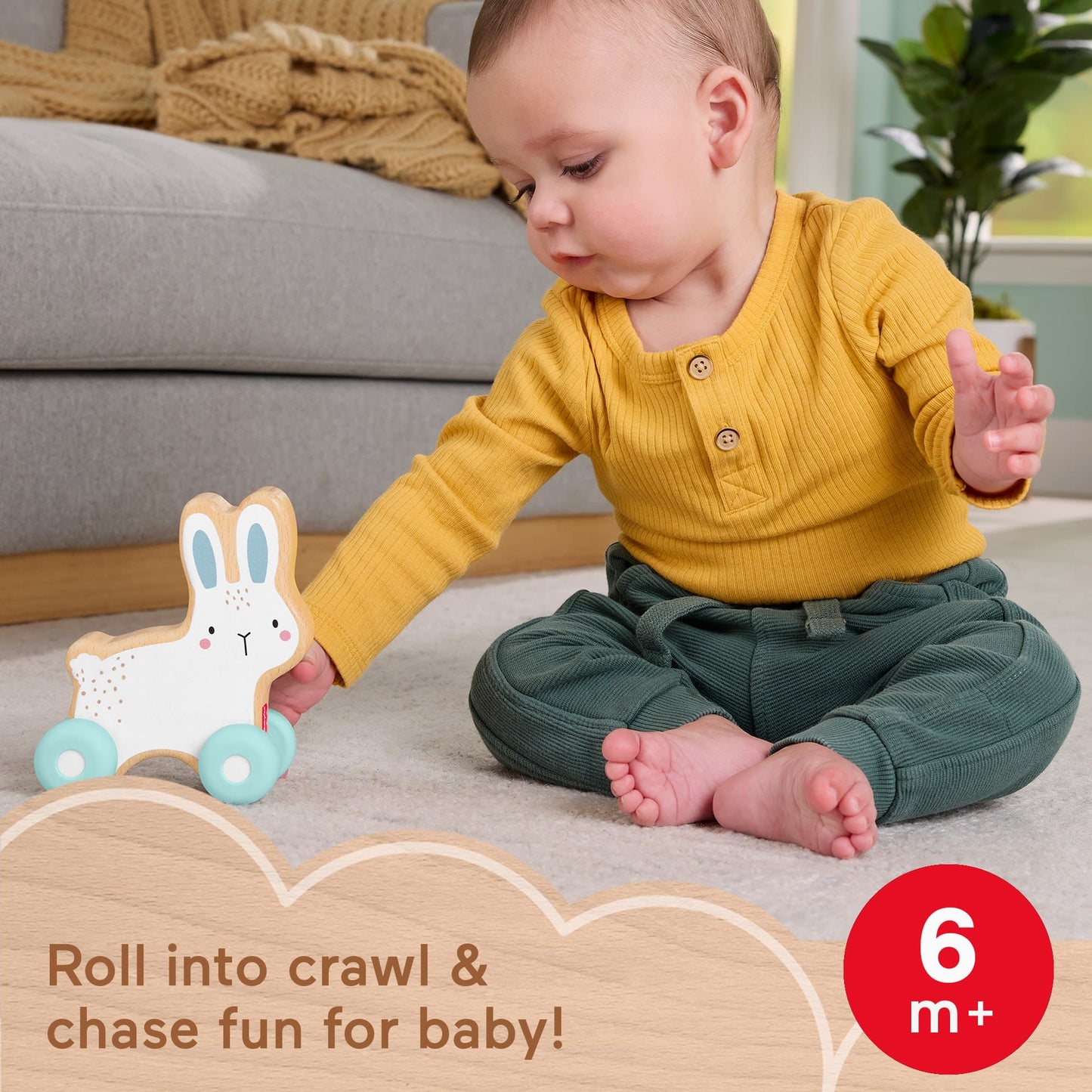 Fisher-Price Wooden Push-Along Bunny Toy Vehicle For Baby Crawling Play. 1 Wood Piece